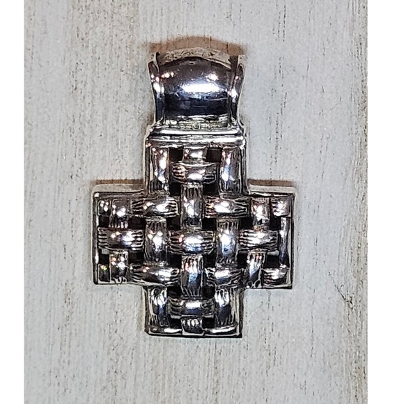 Jewelry - 925 Sterling Silver Basket Weave Cross Pendant Chunky Woven Statement Charm